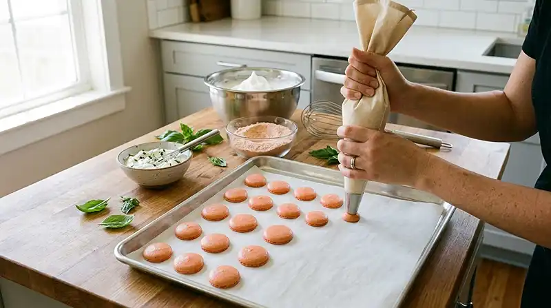 Macaron Salé Tomate-Basilic & Burrata Crémeuse 4 Préparation de la recette Macaron Salé Tomate-Basilic