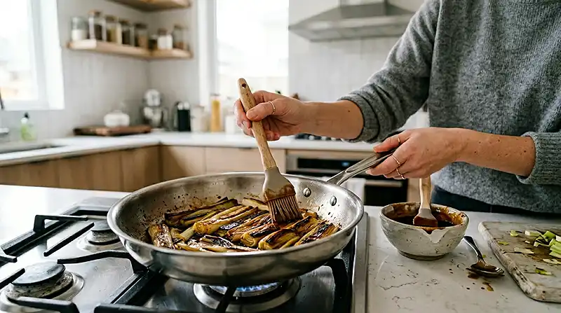Préparation de la re'cette Poireaux Fondants Laqués au Miso avec sirop d'érable et crème de feta au citron