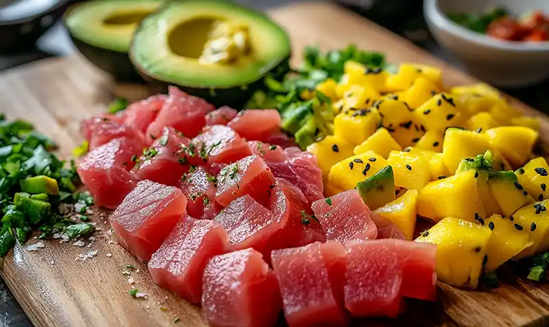 Tataki de Thon Rouge Crème d'Avocat au yuzu 4 Preparation-de-la-recette Tataki de Thon Rouge crème d'avocat au yuzu et vierge mangue-passion