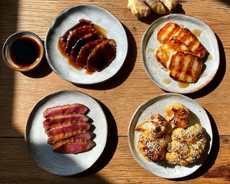 Quatre variations de tatakis en un coup d'oeil boeuf, canard, halloumi et chou-fleur mi-cuits