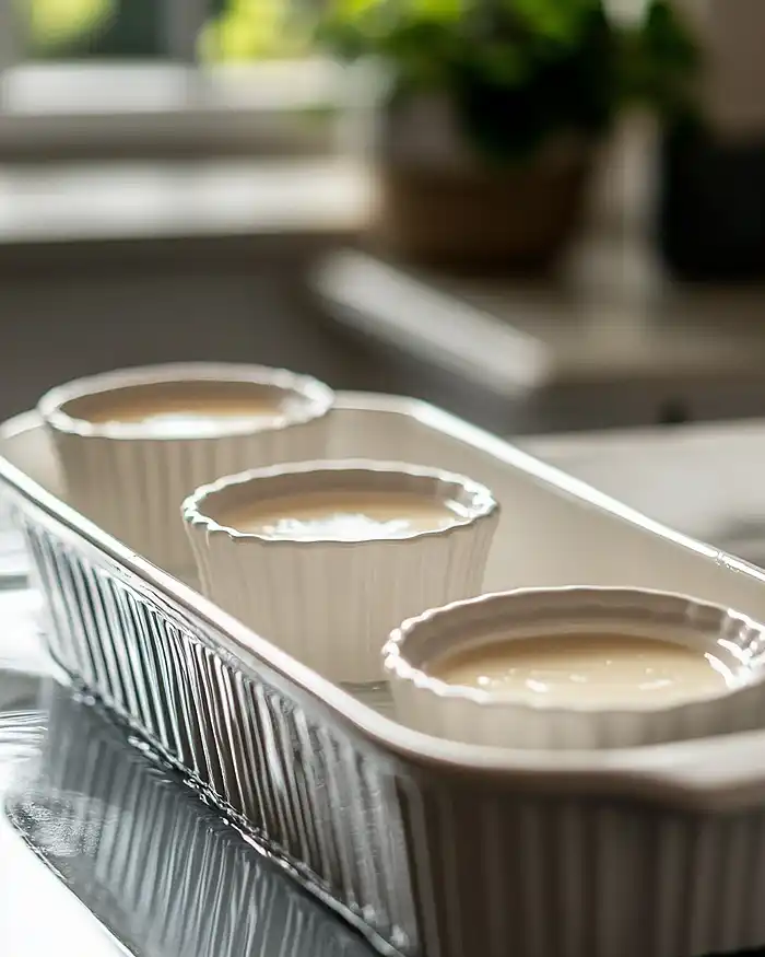 Ramequins de crème brûlée salée en cuisson au bain-marie