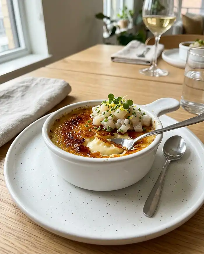 Recette Crème Brûlée Salée au Parmesan avec Tartare de Saint-Jacques