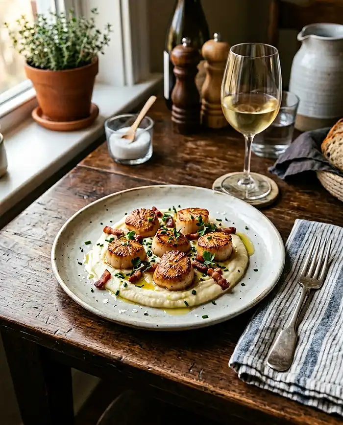 Noix de Saint-Jacques Snackées Mousseline 4 Recette Noix de Saint-Jacques Snackées Mousseline de Chou-Fleur, Fève Tonka et Lard Fumé Croustillant