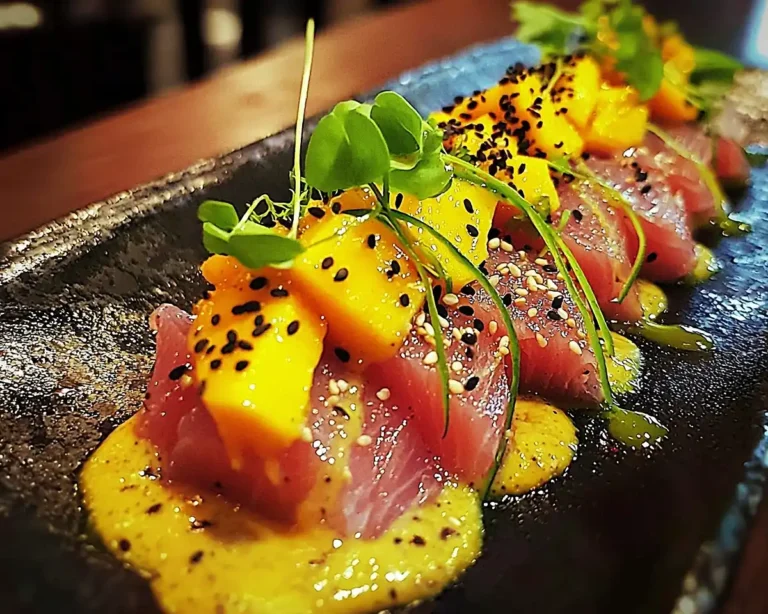 Tataki de Thon Rouge crème d'avocat au yuzu et vierge mangue-passion