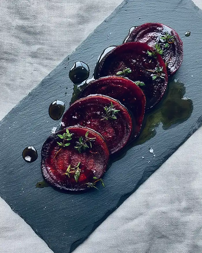 Recettes Tatakis et Viandes Mi-cuites 15 Tataki de betterave laquée balsamique soja tranché sur ardoise, version végane de la technique tataki