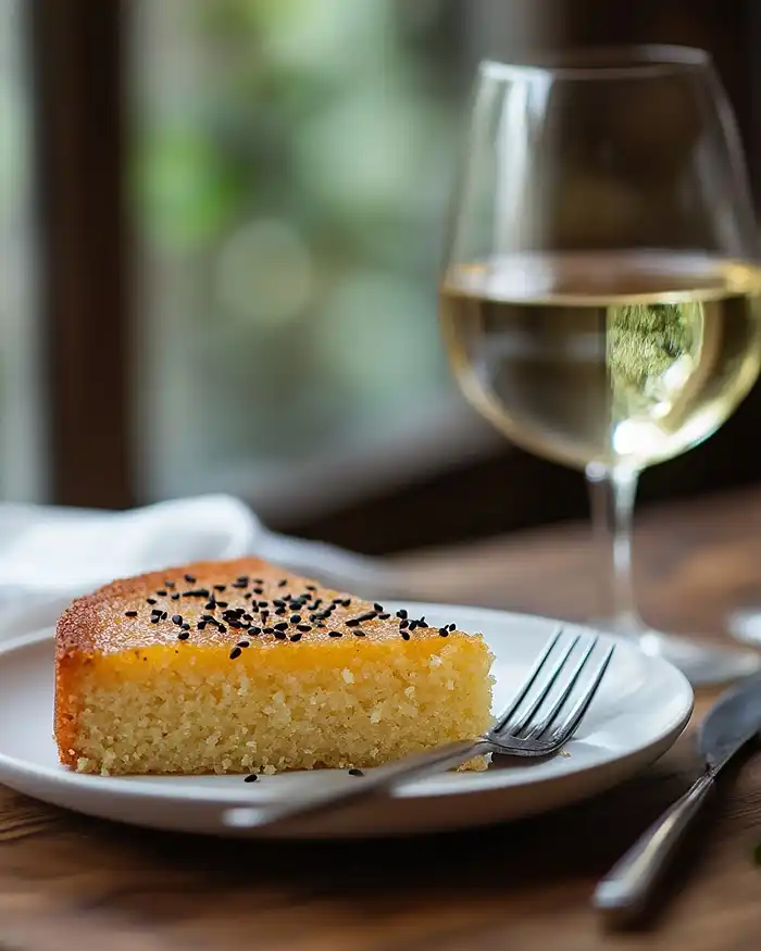 Recettes Cheesecakes, Opéras & Gâteaux Salés 15 Tranche de gâteau salé servie à l'assiette avec un filet d'huile d'olive et graines de sésame noir, Recettes Cheesecakes, Opéras & Gâteaux Salés