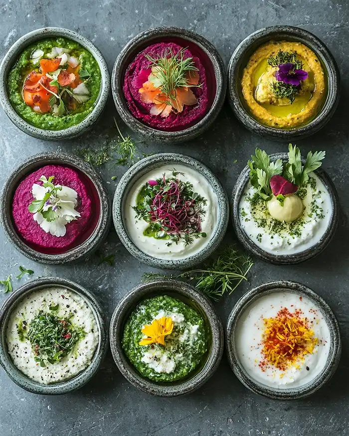 Îles Flottantes Salées et Meringues Créatives 5 assortiment d’Îles Flottantes Salées et Meringues Créatives aux saveurs variées sur différents veloutés