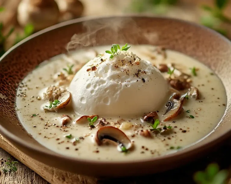 île flottante salée sur velouté de champignons, présentation élégante et naturelle