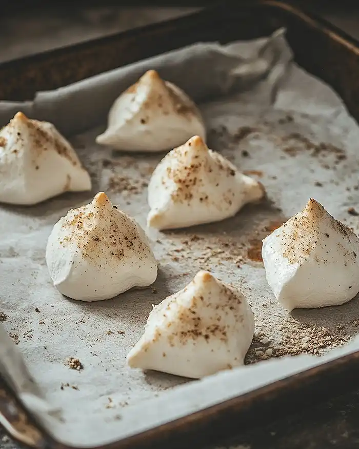 Îles Flottantes Salées et Meringues Créatives 4 meringues salées dorées au parmesan sur une plaque de cuisson