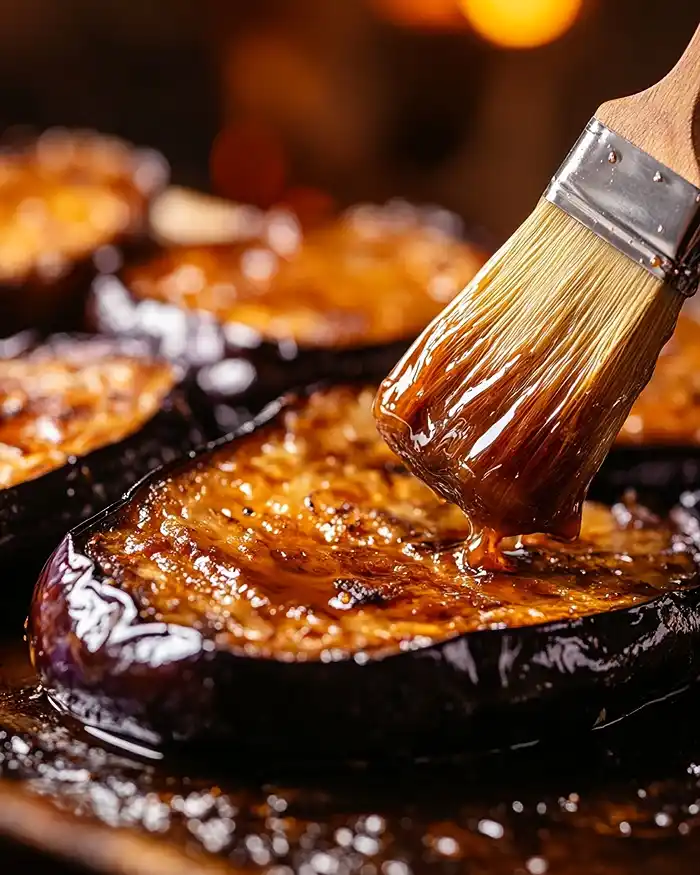 Recettes Légumes Rôtis et Steaks Végétaux 3 Application d'un laquage miso-érable brillant sur un steak d'aubergine rôti avec un pinceau de cuisine