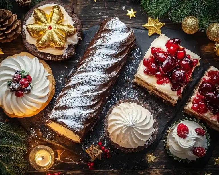 Accueil 25 Assortiment de desserts de fêtes français bûche de Noël, galette des rois, pavlova et entremets boules de Noël sur une table festive
