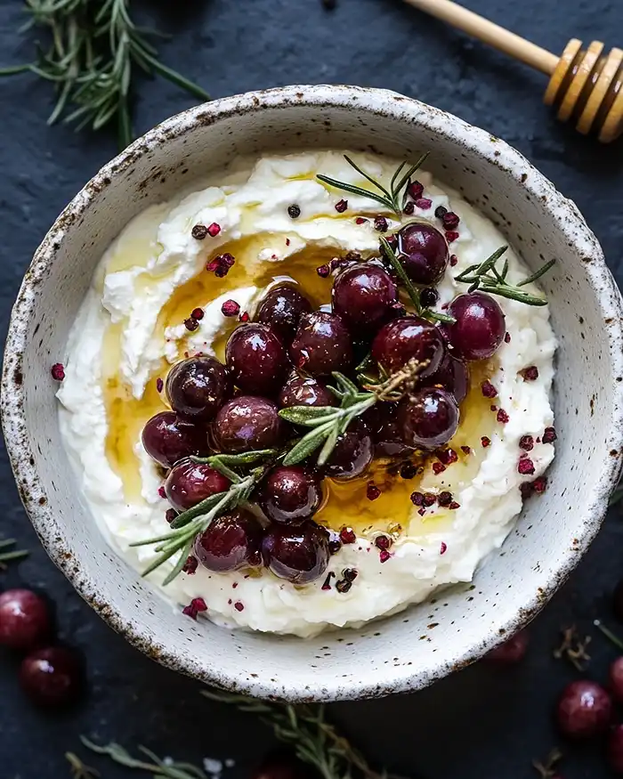Bol de feta fouettée avec raisins rôtis caramélisés, miel pimenté et poivre rose sur ardoise