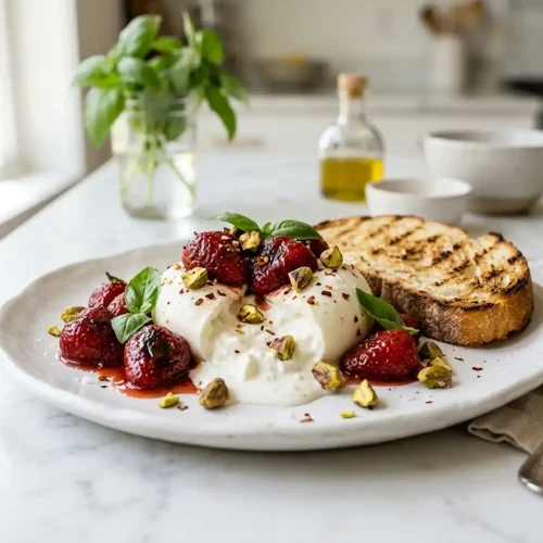 Burrata aux fraises rôties et basilic