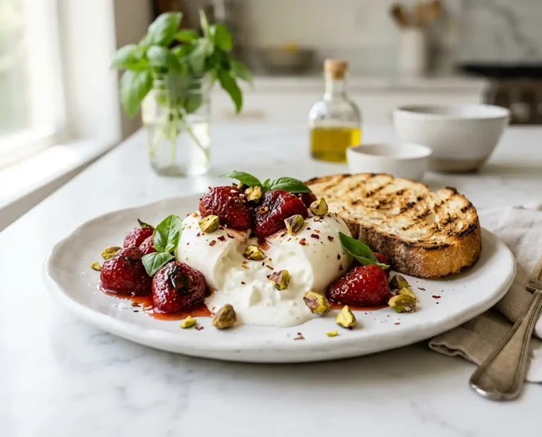 Burrata aux fraises rôties et basilic
