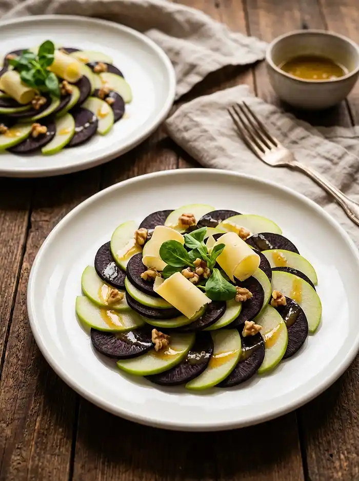 Carpaccio-de-Radis-Noir-et-Pomme-Verte-Vinaigrette-Miel-Moutarde-Comte