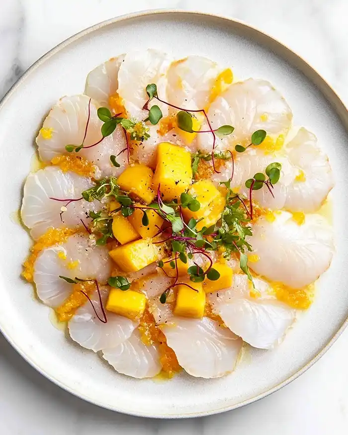 Carpaccio de saint-jacques cru en éventail avec vinaigrette mangue, microgreens et fleur de sel sur assiette blanche
