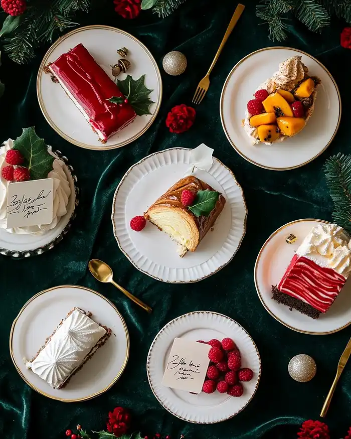 Desserts de Fêtes Irrésistibles 4 Cinq variations de desserts de fêtes en portions individuelles galette des rois framboise, bûche pistache, bûche mascarpone, boules de Noël entremets et pavlova fruits exotiques