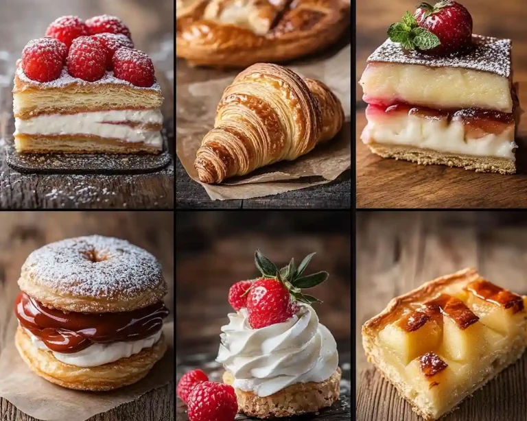 Collage de pâtisseries et desserts français traditionnels incluant éclairs, tartes, macarons et crème brûlée sur une table rustique.