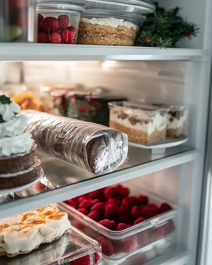 Desserts de Fêtes Irrésistibles 10 Conservation des desserts de fêtes au réfrigérateur bûche de Noël filmée, parts de galette des rois et meringue pavlova en boîte hermétique