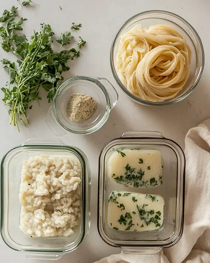 Conservation des plats réconfortants restes de risotto, sauce blanquette et pâtes fraîches crues dans des contenants en verre étiquetés