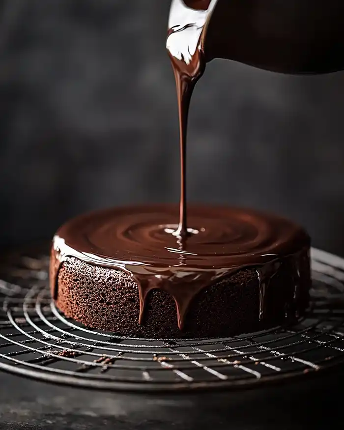 Coulée de glaçage miroir au chocolat sur un entremets congelé technique du nappage brillant en pâtisserie