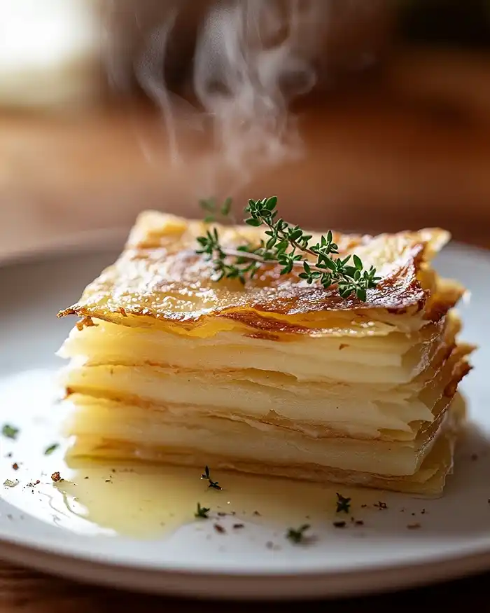 Tartes Salées et Millefeuilles 5 Coupe transversale d'un millefeuille de pomme de terre croustillant montrant les couches dorées, servi avec thym frais sur assiette blanche