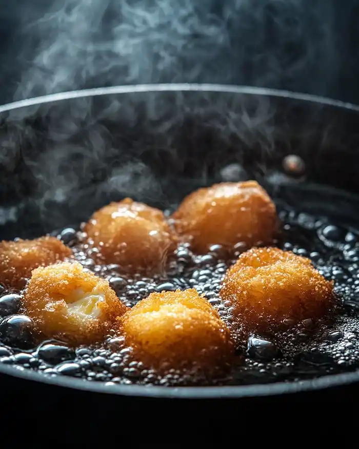 Recettes Œufs Gourmands et Cromesquis 3 Cromesquis et œuf mollet pané en train de frire dans une huile bien chaude à 175°C pour une panure dorée et croustillante
