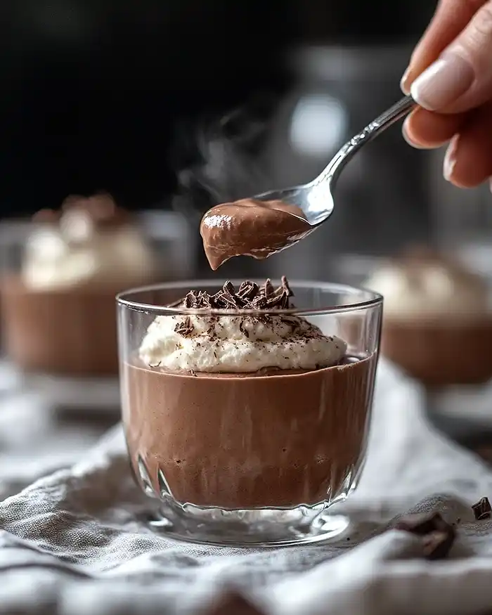Mousses, Crèmes et Desserts 10 Cuillère plongeant dans une mousse au chocolat dans une cuisine chaleureuse avec lumière naturelle douce.