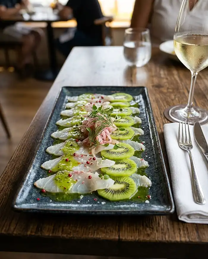 Recette Carpaccio de Maigre, Vinaigrette Kiwi & Piment Vert