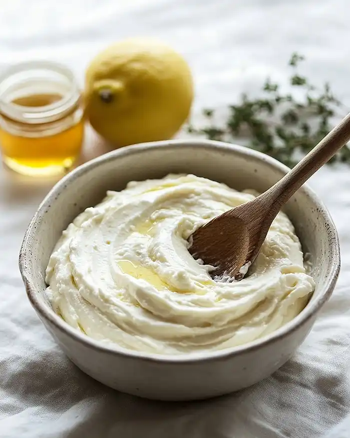 Feta fouettée onctueuse dans un bol blanc avec un filet de miel et une branche de thym frais