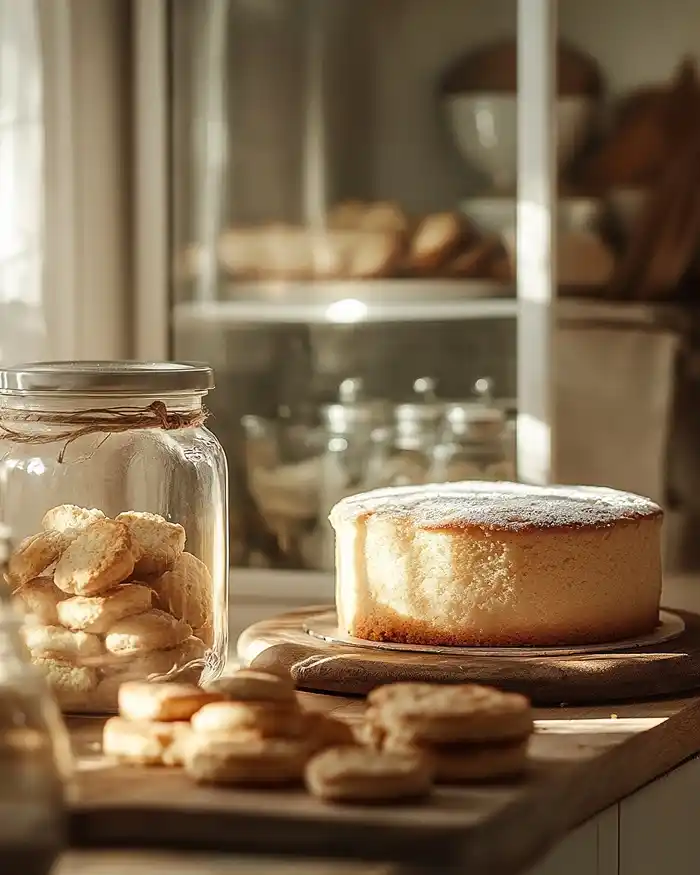 Pâtisserie Sucrée et Desserts Français 5 Gâteaux et biscuits faits maison conservés dans des bocaux et boîtes dans une cuisine chaleureuse.