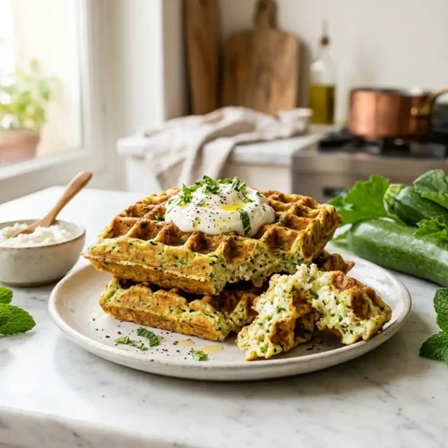 Gaufre salée courgette ricotta menthe