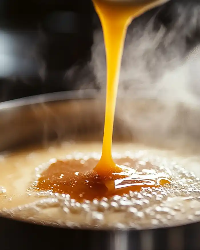 Pâtisserie Sucrée et Desserts Français 3 Gros plan sur du caramel versé et une crème pâtissière fouettée dans une cuisine professionnelle.