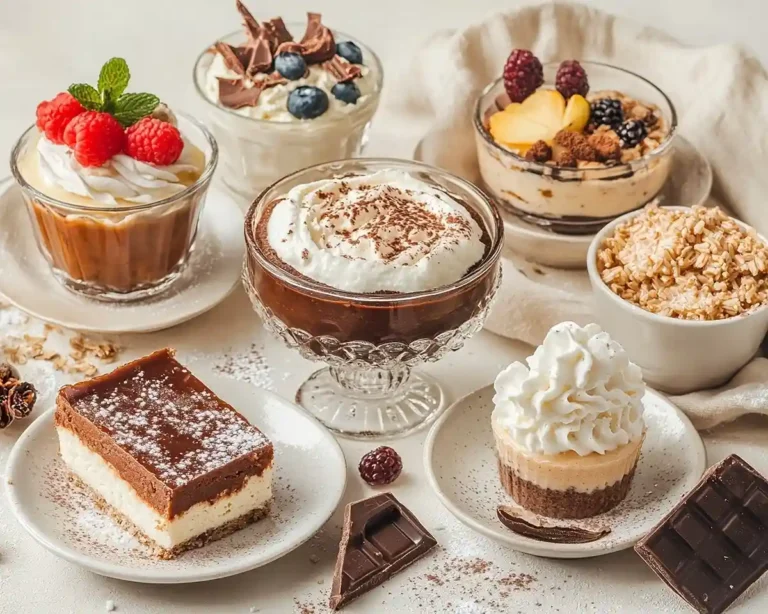 Gros plan sur mousse au chocolat, riz au lait et crème brûlée mettant en valeur différentes textures de desserts.