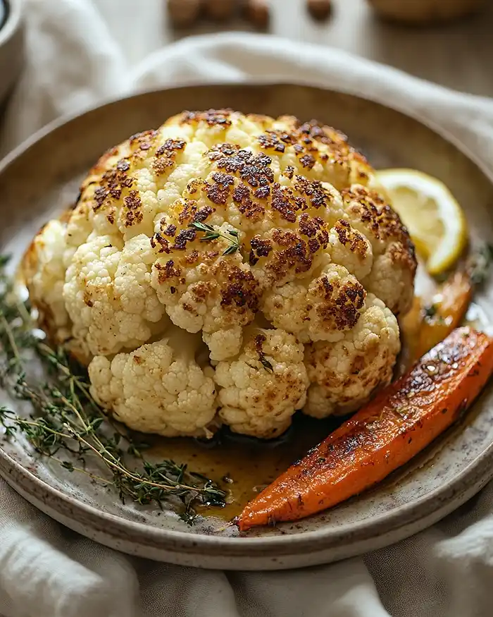 Recettes Légumes Rôtis et Steaks Végétaux 4 Guide des variations de légumes rôtis chou-fleur entier rôti, quartier de chou pointu braisé et steak de carotte au cumin sur table rustique