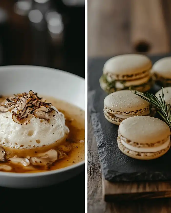 Pâtisserie Salée et Trompe-l'œil Culinaire 3 Île flottante salée au bouillon de champignons et macarons salés chèvre-figues – entrées originales trompe-l'œil