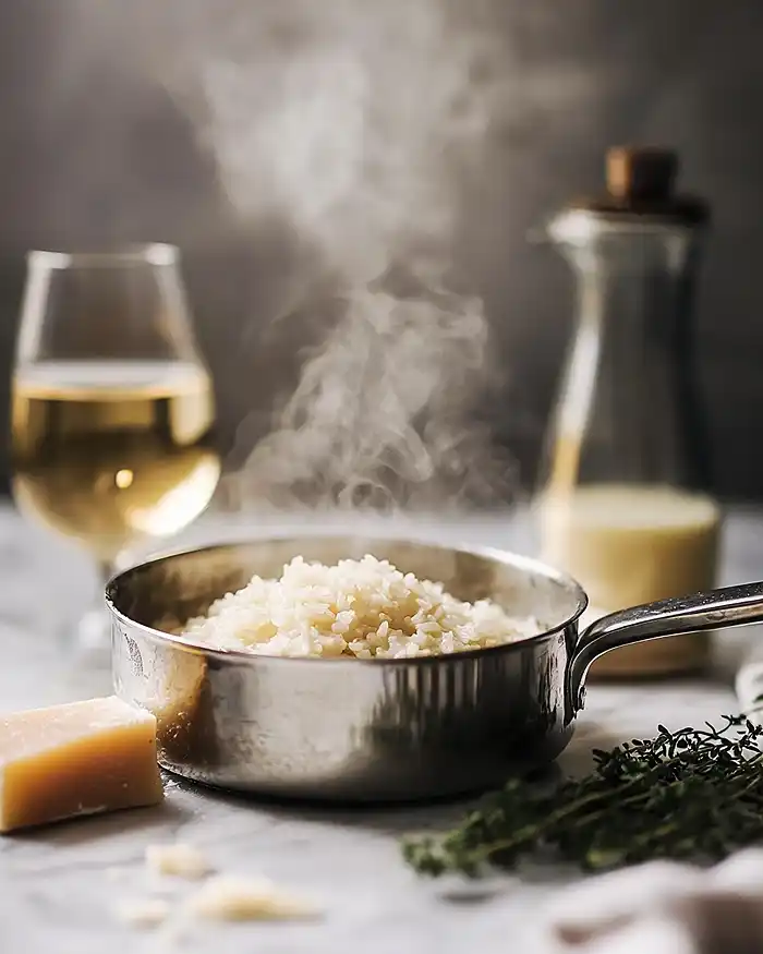 Ingrédients clés du risotto riz Arborio nacré dans le beurre, parmesan, bouillon chaud et vin blanc sur marbre