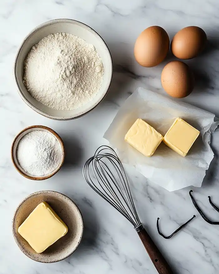 Pâtisserie Sucrée et Desserts Français 2 Ingrédients essentiels de pâtisserie française comprenant œufs, beurre, sucre, farine et vanille disposés sur un plan de travail.