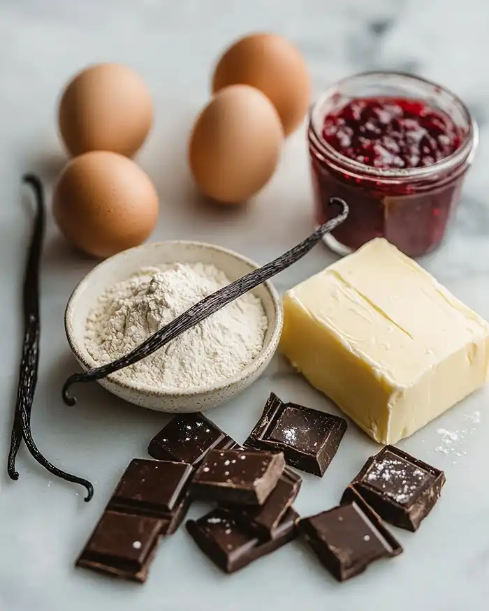 Desserts de Fêtes Irrésistibles 2 Ingrédients essentiels pour réussir les desserts de fêtes oeufs, beurre, vanille, amandes et chocolat sur marbre blanc