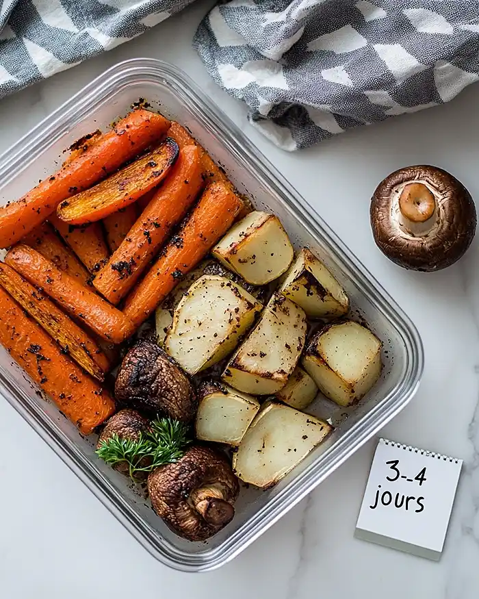 Recettes Légumes Rôtis et Steaks Végétaux 16 Légumes rôtis conservés dans une boîte en verre hermétique au réfrigérateur pendant 3 à 4 jours