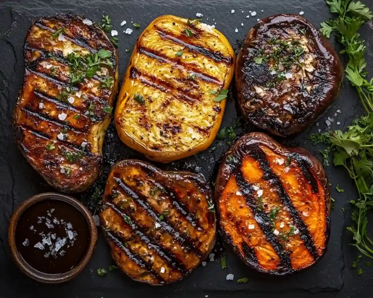 Légumes rôtis et steaks végétaux steak de céleri rave harissa, portobello, aubergine miso et carotte cumin présentés sur ardoise