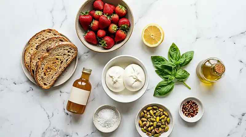 Les ingrédients pour Burrata aux fraises rôties et basilic