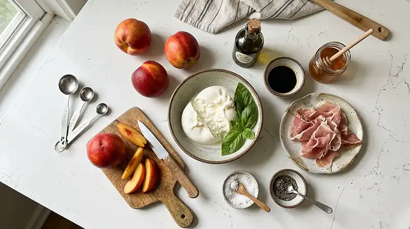 Les-ingredients-pour-Burrata-sur-Nectarines-Roties-au-Balsamique-Jambon-de-Parme