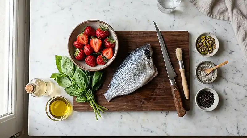 Les-ingredients-pour-Carpaccio-de-Daurade-aux-Fraises-Basilic