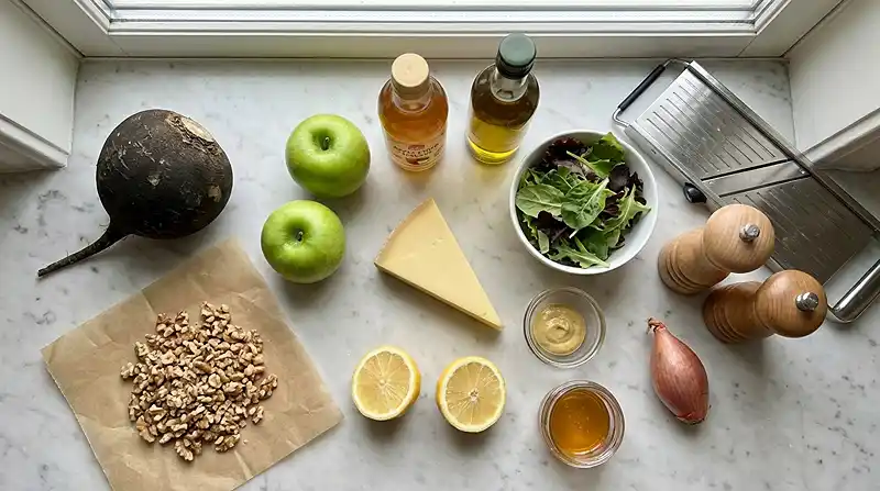 Les-ingredients-pour-Carpaccio-de-Radis-Noir-et-Pomme-Verte-Vinaigrette-Miel-Moutarde-Comte