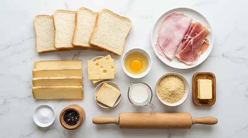 Les ingrédients pour Pain perdu salé au comté et jambon cru