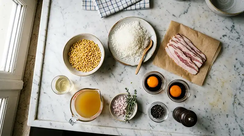 Les-ingredients-pour-Risotto-de-Coquillettes-Cacio-e-Pepe-au-Jaune-dOeuf-amp-Guanciale