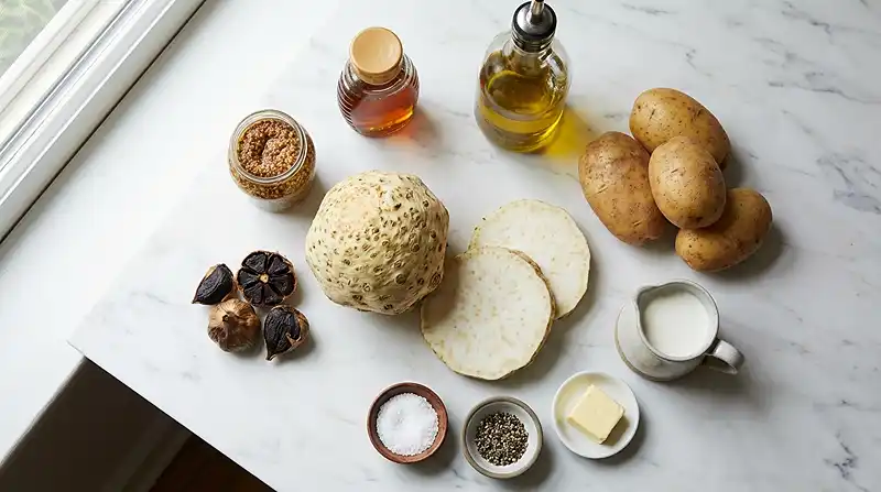 Les-ingredients-pour-Steak-de-Celeri-Rave-Roti-Laque-Moutarde-Miel