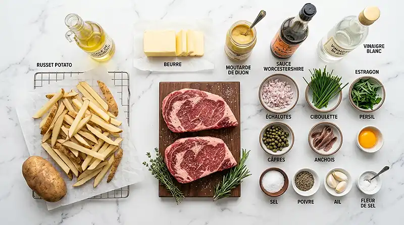 Les ingrédients pour steak frites avec sauce Entrecôte