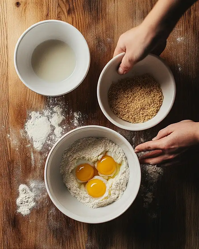 Recettes Œufs Gourmands et Cromesquis 2 Les trois étapes de la panure pour un œuf mollet croustillant farine, œuf battu et chapelure panko